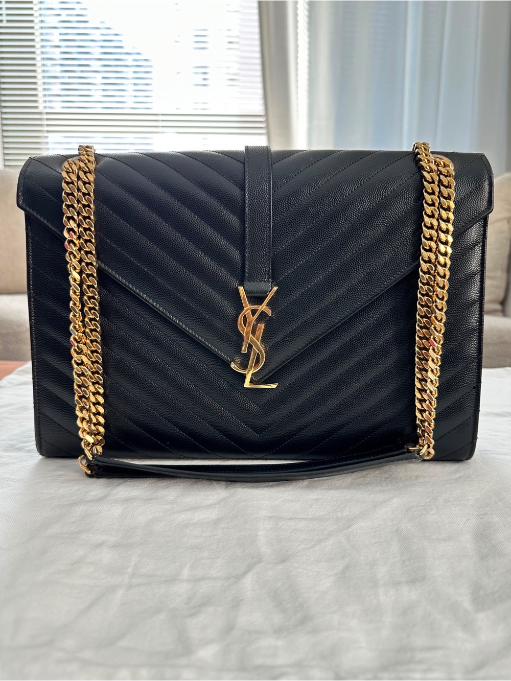 Yves Saint Laurent Black Chevron Quilted Shoulder Bag with Gold Hardware